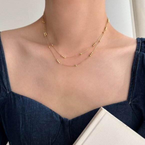 Double Layer Gold Ball Chain Necklaces. Stainless Steel. #2030 - Picture 4 of 5